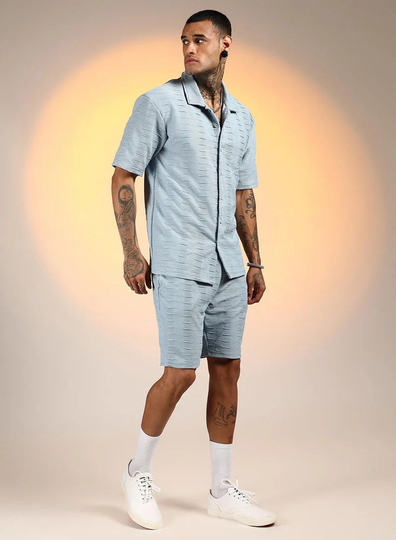 CAHOOT  Men's Powder Blue Ruche-Ribbed Co-Ord Set For Casual Wear | Spread Collar | Short Sleeve | Button Closure | Co-Ords Crafted With Comfort Fit For Everyday Wear for Men | Best Price UAE